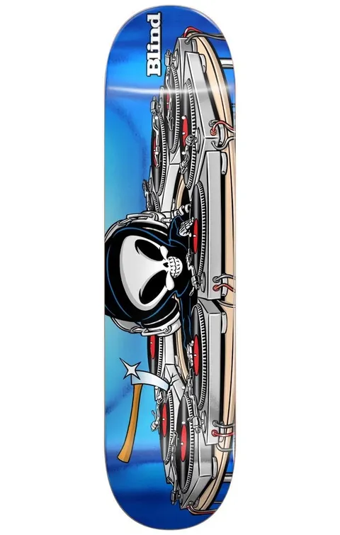 Blind Maxham Mixmaster Reaper R7 8.375 skateboard deck: Cartoon reaper with scythe wearing headphones, laid across multiple DJ turntables, on a shiny blue background with Blind lettering at the top.