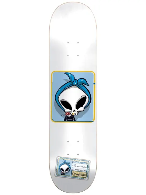 Blind Maxham Old Boney Bastard R7 8.375 skateboard deck: A cartoon reaper in a blue bandana with a lollipop in its mouth appears in a blue framed portrait on a white deck, with a food-coupon style ID card at the tail.