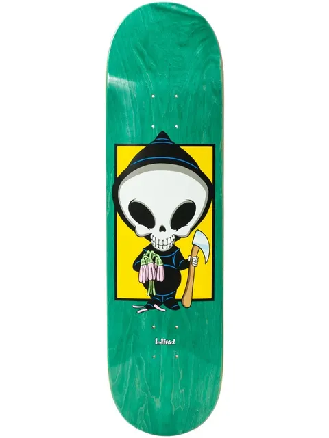 Blind Maxham Reaper Box 8.25 R7 skateboard deck: A cartoon big-headed grim reaper in a black hood holds an axe and a bunch of pink flowers, set in a yellow box on a green stained wood deck. Small Blind logo below.