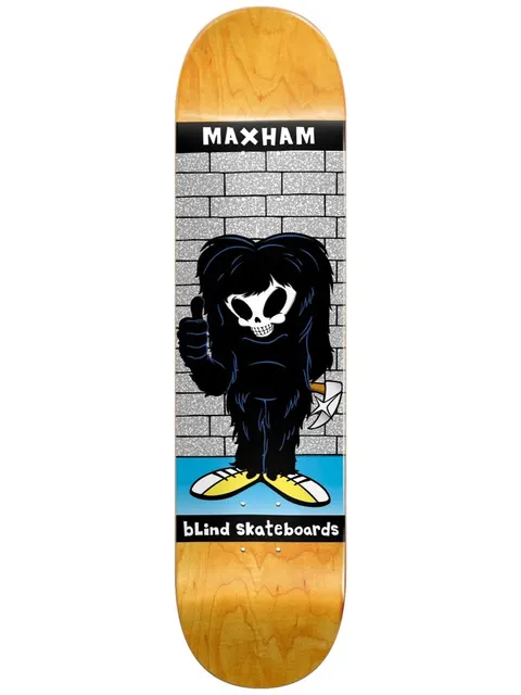 Blind Maxham Reaper Impersonator R7 8.375 skateboard deck: Cartoon Reaper figure in a hairy black Bigfoot-style costume holding an axe and giving a thumbs-up, standing before a grey brick wall. Black name banner at the top and 'bLind Skateboards' bar at the bottom.