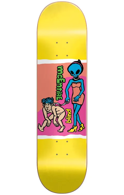Blind McEntire Color Portrait Super Sap R7 8.125 skateboard deck: Cartoon blue-skulled woman in an orange dress and yellow heels leading a naked man on a lead, on a pink and orange panel with white stripes. Green 'McEntire' and yellow 'blind' lettering on a yellow deck.