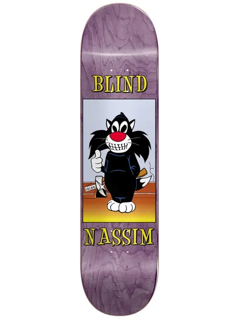 Blind Nassim Reaper Impersonator R7 8.25 skateboard deck: Purple wood-stained deck with a boxed cartoon scene of a black and white cat in a grim reaper style robe giving a thumbs up and grinning, with a sign and scythe behind. Brand and rider name in yellow serif lettering above and below.