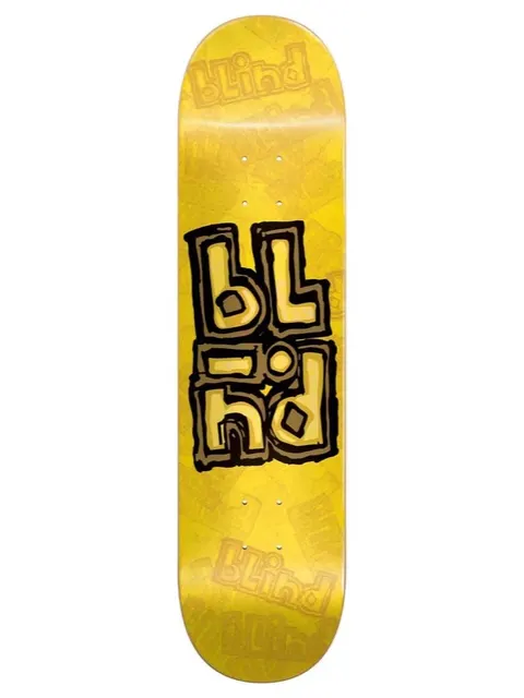 Blind OG Stacked Stamp 7.75 Yellow skateboard deck: A stacked, hand-drawn Blind logo in brown and yellow with a black outline sits mid-deck, over a yellow ground with faint repeated blind logos in a tone-on-tone pattern.