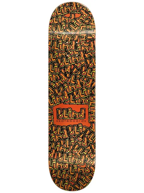 Blind OG Stand Out RHM 8.25 skateboard deck: Dense all-over repeat of the hand-cut Blind logo in orange and yellow outlines on black, with a larger orange Blind Skateboards logo panel in the lower middle.