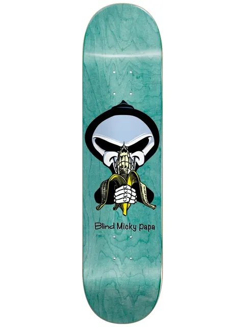 Blind Papa Banana Reaper Super Sap R7 8 skateboard deck: Hooded grim reaper with a skull face eating a banana, hands clasped in front, on a teal stained wood deck. 'Blind Micky papa' in handwritten-style text beneath.