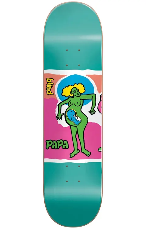 Blind Papa Color Portrait Super Sap R7 8.0 skateboard deck: A cartoon green woman with yellow curly hair and a pregnant belly showing a baby inside, drawn in thick outlines on pink, white and orange panels against a teal deck. The blind logo and PAPA appear alongside.