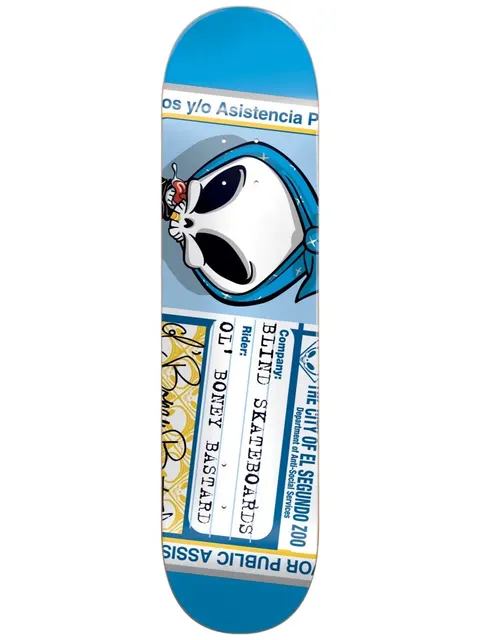 Blind Papa Old Boney Bastard R7 8.0 skateboard deck: A big-headed Blind reaper in a blue bandana is shown as part of a mock city record card, with typed fields naming Blind Skateboards and Ol' Boney Bastard, an official city seal and a signature. Blue and cream.