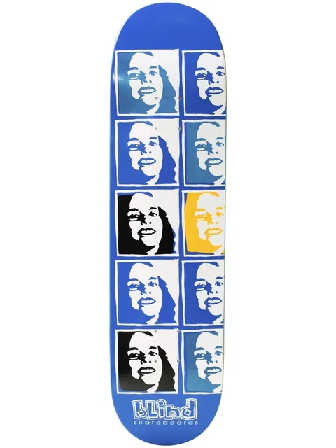 Blind Psychedelic Multi Girl Blue 8.25 skateboard deck: Grid of repeated stencil-style portraits of a smiling woman in two columns, mostly in blue and white with one black and one yellow, on a blue deck with a Blind Skateboards logo at the bottom.