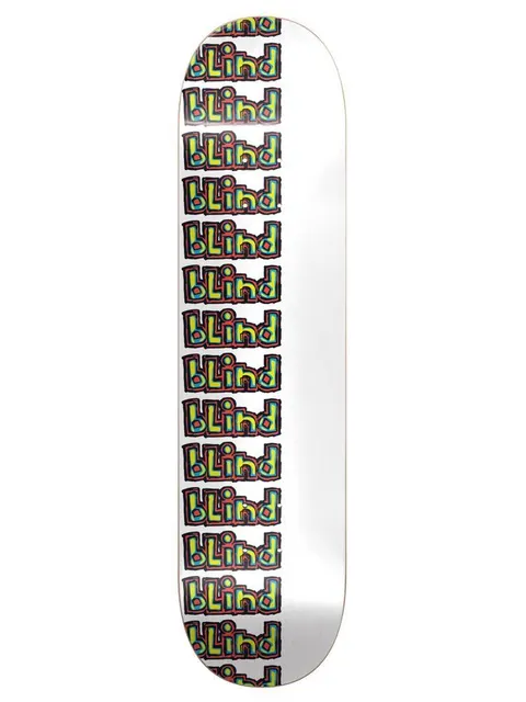 Blind Repeat Rail White 7.75 skateboard deck: Column of repeated multicoloured Blind logos with chunky outlined lettering running down the left side of a plain white deck.