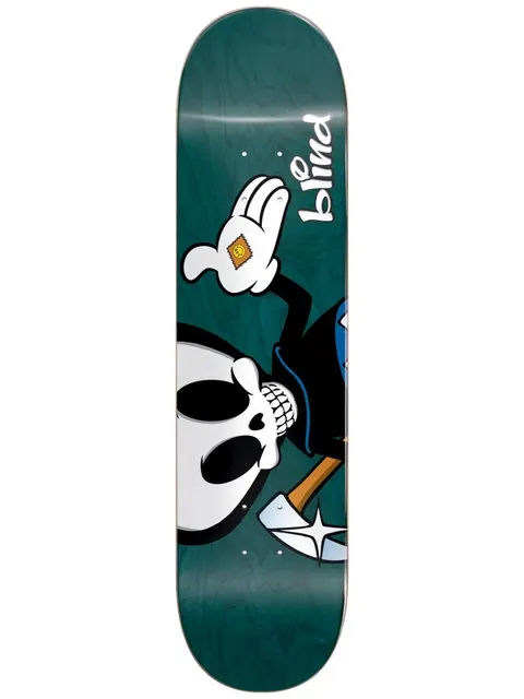 Blind Rogers Reaper Character Super Sap R7 8.25 skateboard deck: A cartoon grim reaper with a big white skull, white-gloved hand giving a thumbs-up holding a smiley sticker, and an axe-like scythe, on a dark teal woodgrain deck with the blind logo.