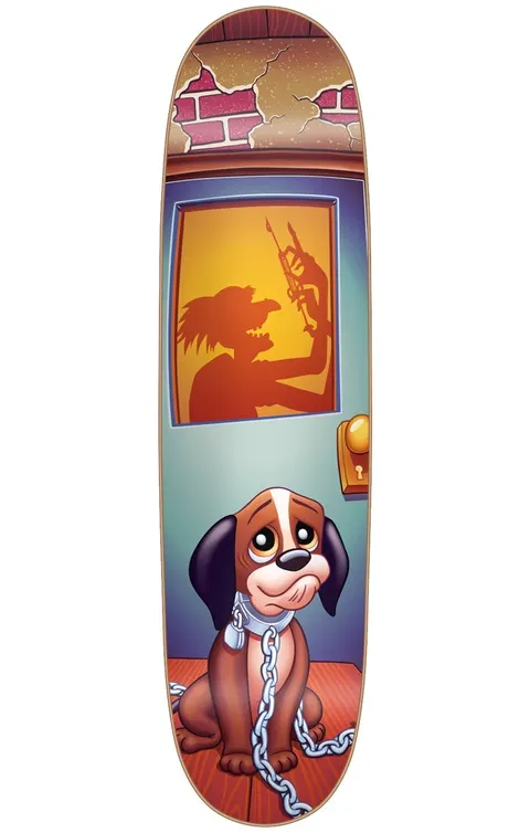 Blind Tim Gavin Dog Pound Slick MULTI 8.125 R7 skateboard deck: A sad cartoon beagle puppy sits chained on a wooden floor before a closed door, behind which a window shows the shadow of a menacing figure holding a syringe. Cracked brickwork shows at the top.
