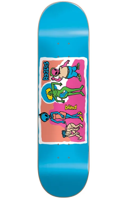 Blind TJ Color Portrait Super Sap R7 8.25 skateboard deck: A bold cartoon panel of four oddly drawn figures, including two blue-skinned aliens, a green woman with yellow hair and a pink-headed figure, on a bright blue deck. The rider's name is in vertical lettering and the brand logo in yellow.