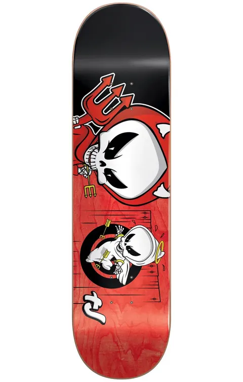 Blind TJ Reaper VS Reaper R7 8.375 skateboard deck: Cartoon Blind reaper characters in an angel and devil face-off: a large red horned devil reaper with a pitchfork looms over a small white angel reaper with halo and arrows, on a black and red deck.