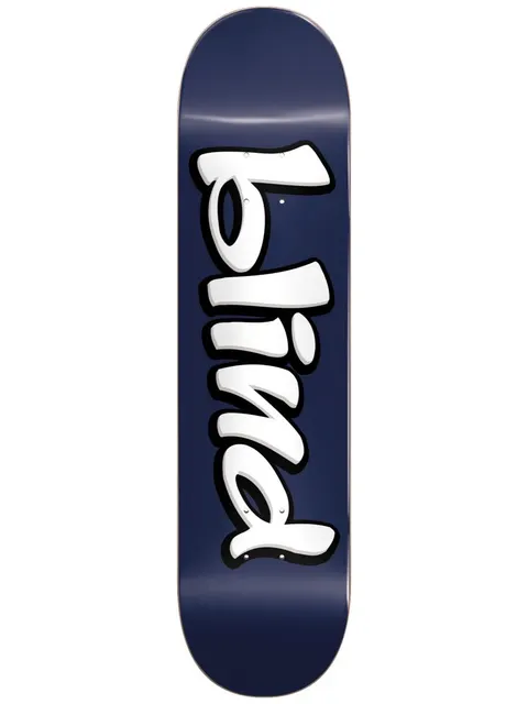 Blind Vintage Blind Logo RHM 8 skateboard deck: Bubbly white lowercase blind logo with black shadow stacked vertically on a plain navy deck.