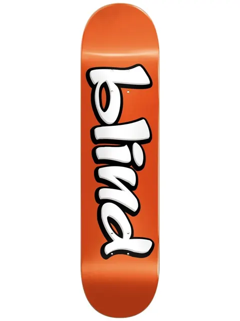Blind Vintage Blind Logo Youth RHM 7 skateboard deck: Bubbly white lowercase blind logo with black shadow stacked vertically on a plain orange deck.