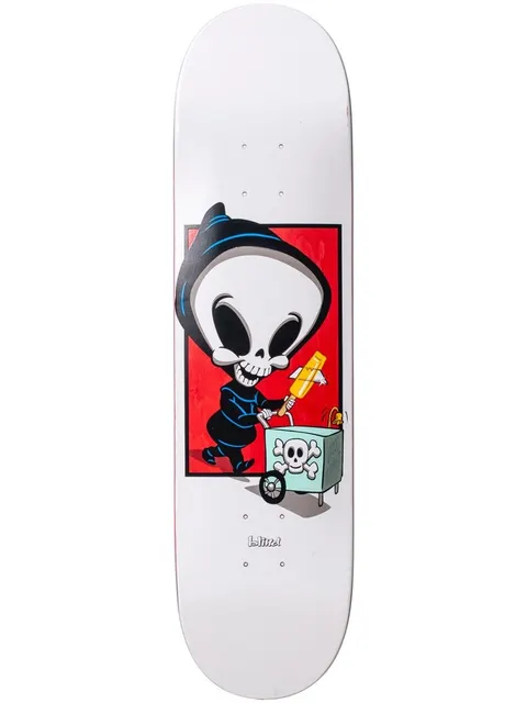 Blind Rogers White Reaper Box 8.0 R7 skateboard deck: A cartoon grim reaper with a big skull head pushes an ice cream cart marked with a skull and crossbones, holding an ice lolly, in a red box on a white deck.
