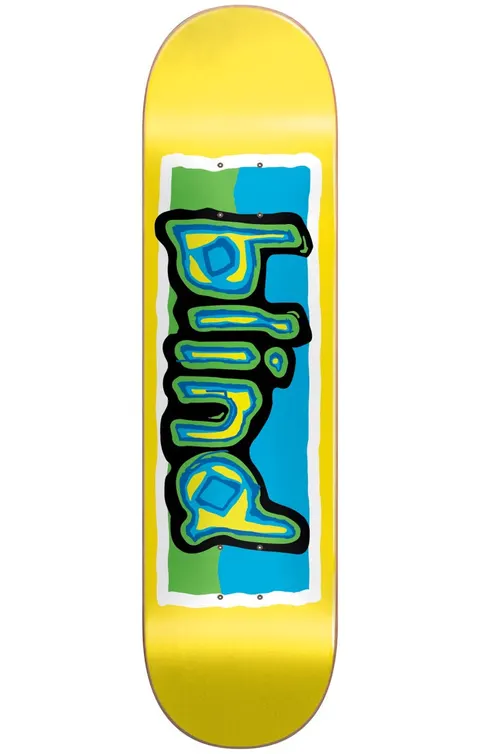 Blind Colored Logo Yellow 8.0 skateboard deck: A wobbly hand-drawn Blind logo in blue and yellow with a black outline sits in a white-bordered panel split into green and light blue. The rest of the deck is plain yellow.
