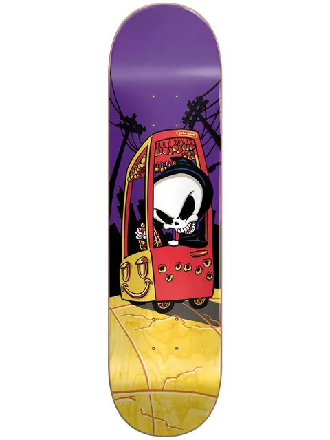 Blind Ilardi Reaper Drive By R7 8.25 skateboard deck: The cartoon Blind Reaper with a grinning skull and black hood drives a red and yellow forklift with a smiley face and bullet holes past silhouetted power lines against a purple night sky, over a cracked yellow ground.