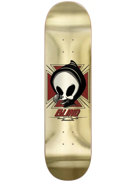 Blind Maxham Hawk Reaper Super Sap R7 8.5 skateboard deck: Blind's hooded reaper character with a snail on its chin, set in front of a red iron cross with a small lightning flash beneath the logo. Printed on a shiny gold foil deck.
