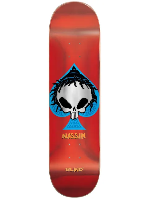 Blind Nassim Ace Reaper Super Sap R7 8.25 skateboard deck: Blind reaper skull with dark dreadlock-style hair placed inside a blue ace of spades. Rider name in orange graffiti lettering below, Blind logo at the tail, on a glossy red deck.