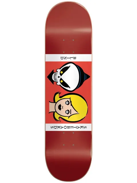 Blind Reaper Doll RHM 8.0 skateboard deck: A cartoon Grim Reaper skull face beside a blonde doll-like girl's face, on a red panel with white bands carrying Blind and Skateboards text. The rest of the deck is plain red.