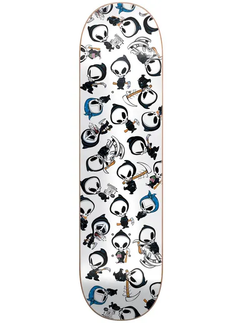 Blind Reaper Wallaper RHM 7.75 skateboard deck: All-over repeating pattern of cartoon baby grim reapers in black hoods with skull faces, some holding scythes, with a few wearing blue bandanas, scattered across a white deck.