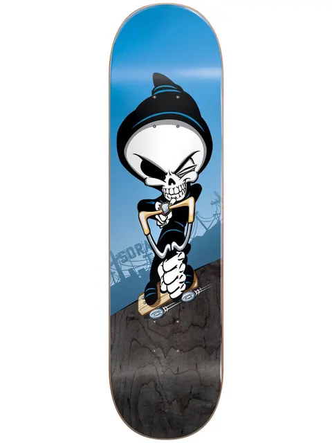 Blind Sora Reaper Slingshot R7 7.75 skateboard deck: Winking cartoon reaper in a black beanie, holding a slingshot while riding a small skateboard, on a blue sky background above a dark wood-grain lower section. Faint Sora lettering and power lines in the background.