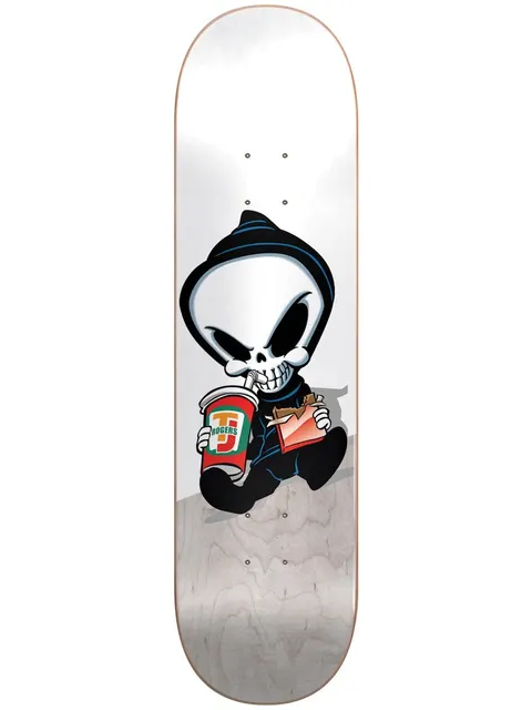 Blind TJ Reaper Munchies R7 8.375 skateboard deck: Cartoon baby reaper in a black hood sitting down, sipping a soft drink cup marked TJ Rogers and eating a chocolate bar, on a white upper deck over grey wood-grain.
