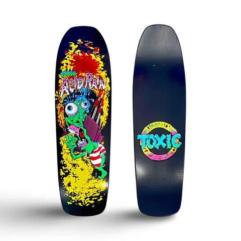 Brand-X Acid Rain Shovel-Nose skateboard deck: Shovel-nose deck showing a screaming green zombie-like figure with a blue spiky head and bulging eyeball, in striped shorts, amid yellow and red splatter. Toxic and Acid Rain lettering drips across the top; the bottom has a ring-shaped Toxic logo.