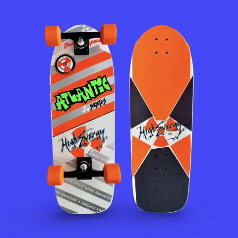 Brand-X Atlantic Radioactive (Dorsey Truitt Tribute) skateboard deck: Complete board with orange wheels and a white deck with orange and grey diagonal stripes, a radiation symbol, green graffiti Atlantic Skates lettering and High Energy script. The grip side has an orange and black X pattern.