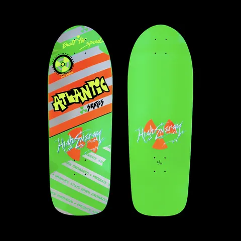 Brand-X Atlantic Radioactive skateboard deck: Neon green old-school deck with orange and silver diagonal stripes, bold yellow Atlantic Skates lettering, radiation trefoil symbols and electric-style 'High Energy' script. Underside shows the script over an orange trefoil, numbered 2/10.