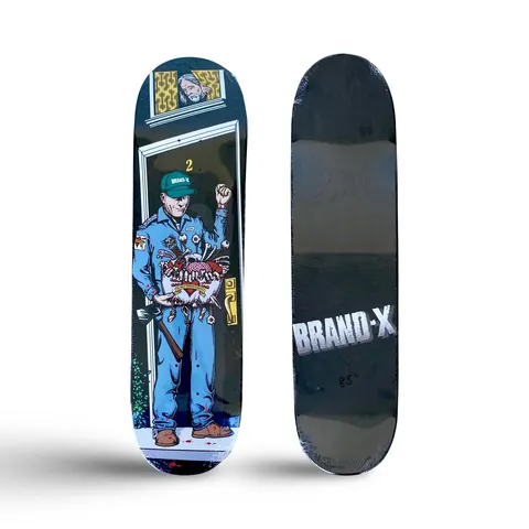 Brand-X Ed Gein 2 skateboard deck: A man in blue overalls and a cap standing in a doorway holding a bowl of organs and tools, with an axe beside him and a face watching from the window above. Brand-X logo on the black bottom of the second deck.