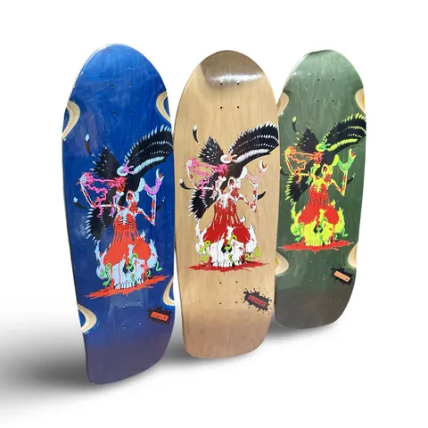 Brand-X Ripstik III Wilbur Pig skateboard deck: Old-school shaped deck showing a skeletal figure in a red robe rising from a skull wreathed in flames, with large black wings and pink and purple tendrils. Shown in blue, natural and green stains.