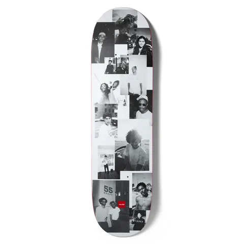 Chocolate Aikens Friends Of Carl skateboard deck: A collage of overlapping black-and-white photographs of people, including portraits and casual snapshots, with a '55 Broad' sign visible near the bottom. A small red Chocolate logo sits at the tail.