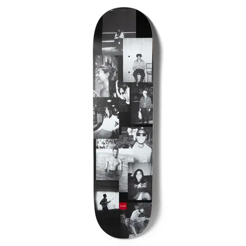 Chocolate Aikens Friends Of Carl Slick skateboard deck: A collage of overlapping black-and-white snapshots of friends and strangers: portraits, a man standing in water, a guitarist silhouetted in a window and a figure in sunglasses. A small red Chocolate logo sits at the tail on a black deck.