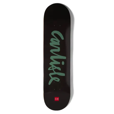Chocolate Aikens OG Chunk skateboard deck: Dark brown deck with Carlisle written in large green handwritten script down the middle and a small red Chocolate logo at the tail.