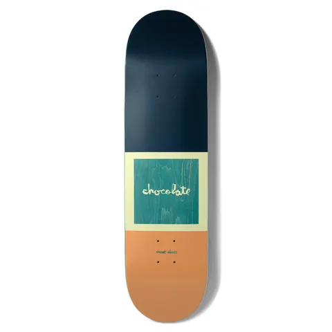 Chocolate Alvarez OG Square skateboard deck: Colour-blocked deck with navy top, peach-orange bottom and a cream square in the middle containing a teal wood-grain panel with the Chocolate script logo. Rider's name in tiny teal text below.