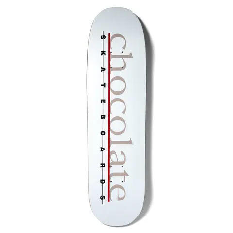 Chocolate Anderson Bar Logo Skidul skateboard deck: Large lower-case serif 'chocolate' in taupe runs along the deck over a red line, with 'S K A T E B O A R D S' in spaced black capitals on a white deck.