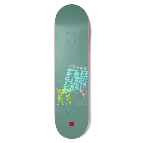 Chocolate Anderson Free Planet Earth skateboard deck: Teal deck with Free Planet Earth in stacked wobbly aqua lettering, a row of hand-sign outlines above, two yellow line figures holding up a globe, and a pink profile head with a globe on the right.