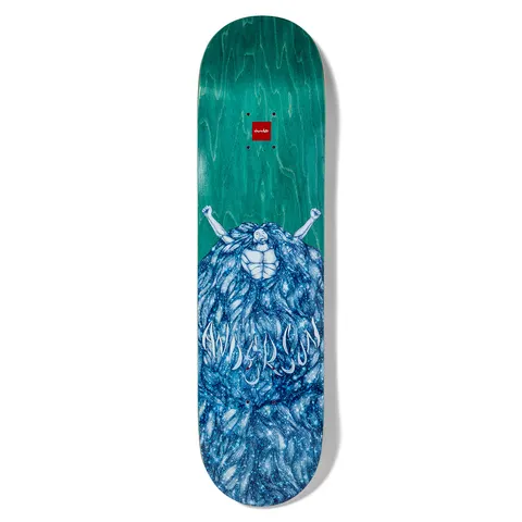 Chocolate Anderson Infinite skateboard deck: Teal stained deck with a muscular figure rising from an enormous mass of long flowing blue hair, arms raised, with the rider's name woven into the hair. Small red Chocolate logo at the top.