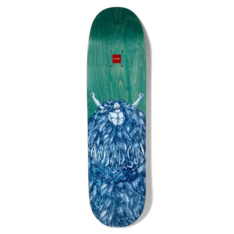 Chocolate Anderson Infinite Skidul skateboard deck: Blue drawn figure with arms raised, rising from a huge mass of flowing long hair that fills the lower deck, with the rider's name in pale lettering across it. Teal wood stain above carries the red Chocolate square.