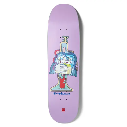 Chocolate Anderson Magic Trumpet Skidul skateboard deck: Naive line-drawn trumpet with a stylised face and a hand covering its mouth, drawn in translucent blues, red and yellow on a lilac deck. Blue handwritten signature below and small red Chocolate logo at the bottom.