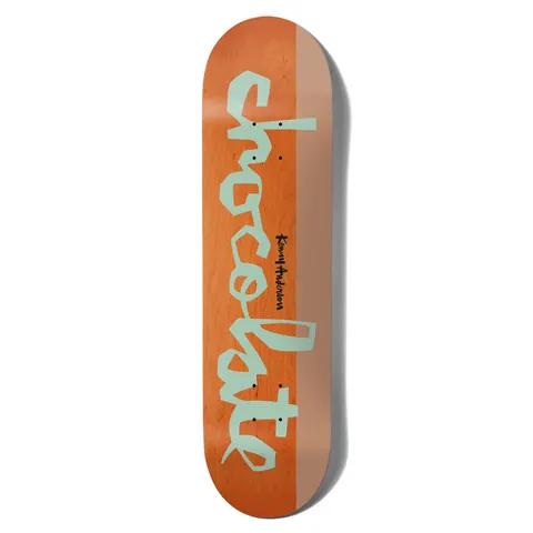Chocolate Anderson Original Chunk skateboard deck: Large pale mint green 'chocolate' Chunk logo in cut-paper lettering running down an orange deck, with a lighter tan stripe along one side. Rider signature in black beside the lettering.