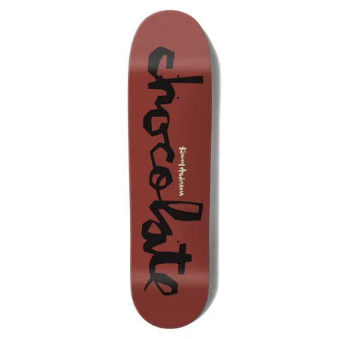 Chocolate Anderson Original Chunk Skidul skateboard deck: A large black Chocolate chunk logo in blocky hand-cut lettering running up a rust-red deck, with the rider name Kenny Anderson in small cream script.