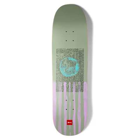 Chocolate Anderson Phaze Deux Skidul skateboard deck: Halftone-dotted square holding a turquoise globe-like circle above vertical lilac paint drips, on a sage green deck. Small red Chocolate logo at the bottom.