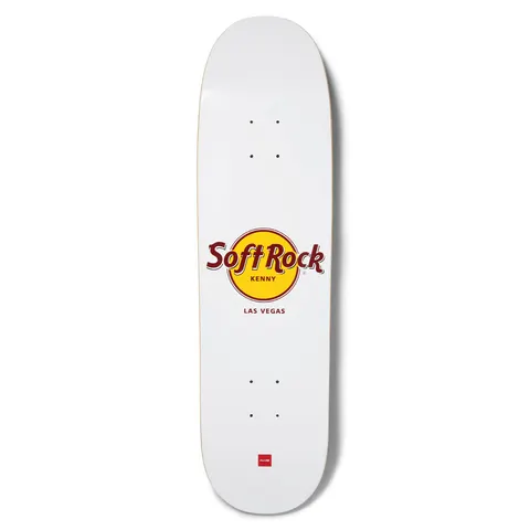 Chocolate Anderson Soft Rock Skidul skateboard deck: White shaped deck with a parody of the Hard Rock Cafe logo: a yellow circle and maroon lettering reading Soft Rock, with Kenny and Las Vegas. Small red Chocolate logo at the tail.