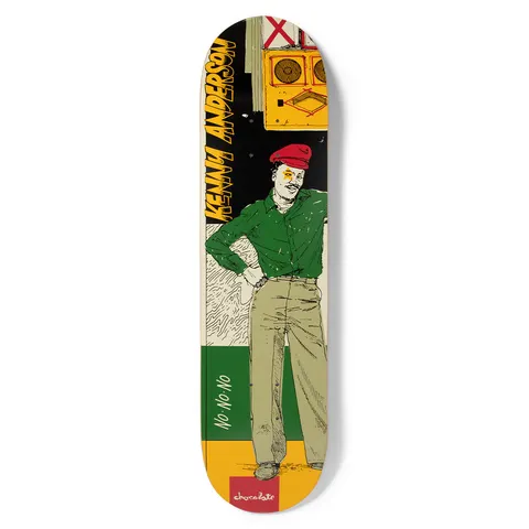 Chocolate Anderson Sound System skateboard deck: An illustrated man in a red beret, green shirt and khaki trousers stands with a hand on his hip in front of stacked speaker cabinets, against colour blocks of black, cream, green and yellow. The rider's name runs up the left in yellow.