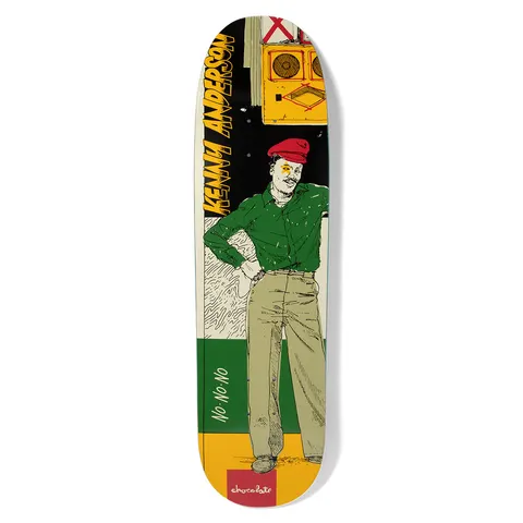 Chocolate Anderson Sound System Skidul skateboard deck: An illustrated man in a red beret, green shirt and khaki trousers stands with a hand on his hip in front of stacked speaker cabinets, against colour blocks of black, cream, green and yellow. The rider's name runs up the left in yellow.