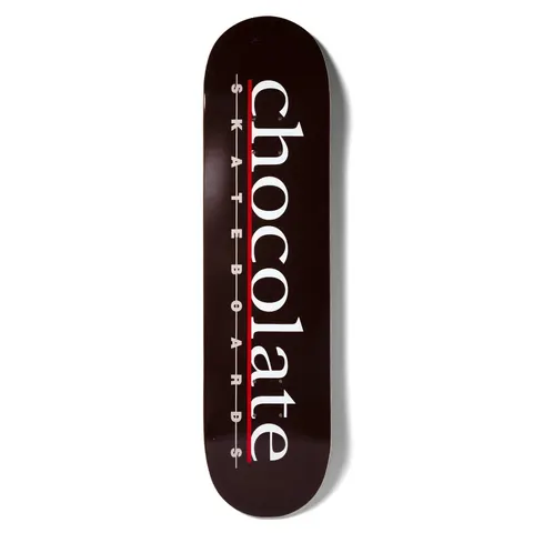 Chocolate Capps Bar Logo skateboard deck: Large white serif 'chocolate' lettering with a red underline and spaced grey 'skateboards' running down a dark chocolate brown deck.