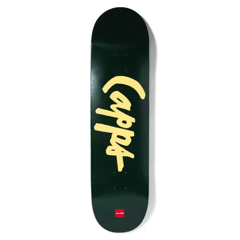 Chocolate Capps OG Chunk skateboard deck: Large pale yellow handwritten Capps lettering running up a dark green deck, with a small red Chocolate logo near the bottom.